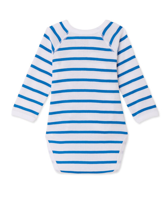Newborn baby boy long-sleeved striped bodysuit ECUME white/DELPHINIUM blue