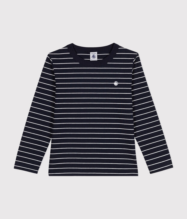 Boys' long-sleeved cotton T-shirt blue/white