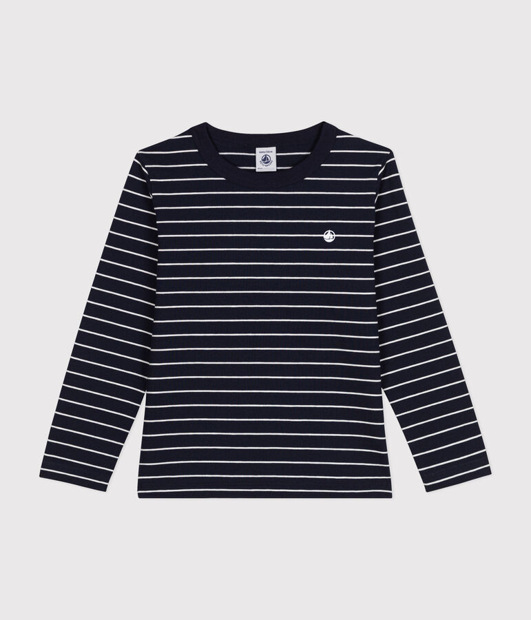 Boys' long-sleeved cotton T-shirt blue/white