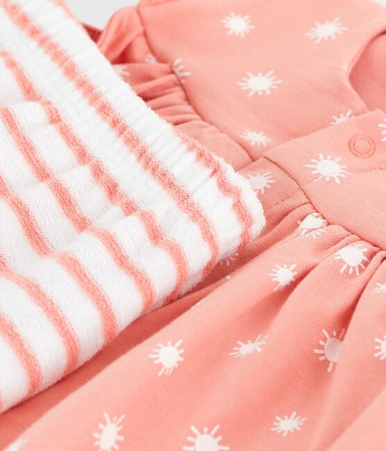 Newborn babies' two-piece sun print cotton set ABRICOT orange/MARSHMALLOW