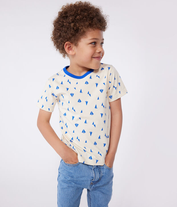 Children's short-sleeved printed cotton T-shirt Ecru/blue
