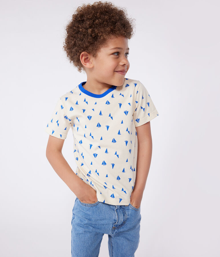 Children's short-sleeved printed cotton T-shirt Ecru/blue