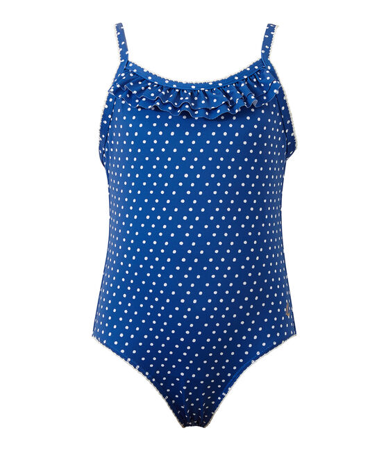Girl's one-piece polka dot swimsuit PERSE blue/MARSHMALLOW white