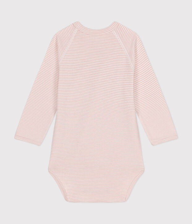 Babies' Long-Sleeved Cotton Wrapover Bodysuit. pink/white