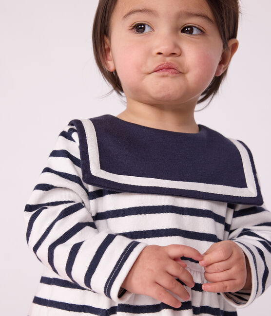 Babies' Breton stripe dress in thick cotton with long sleeves MARSHMALLOW white/SMOKING blue