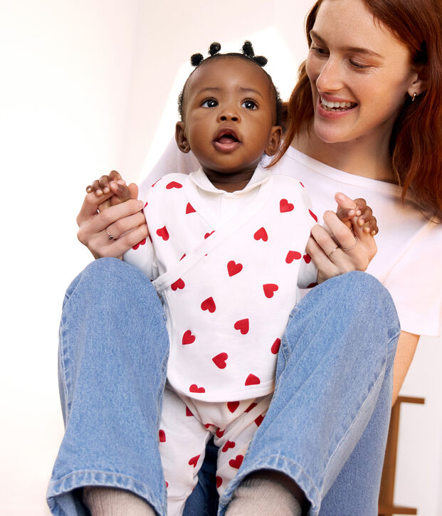 Babies' three piece heart print cotton wrapover top set white/red