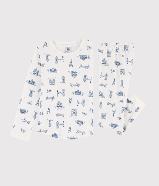 Children's Paris Print Ribbed Pyjamas MARSHMALLOW white/MAJOR blue