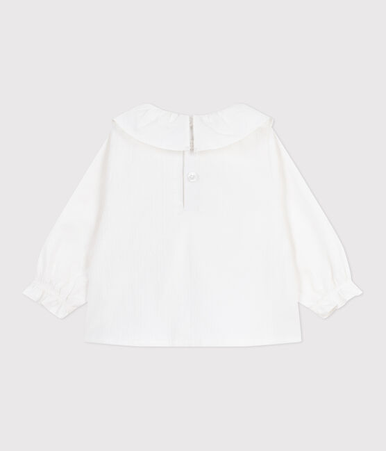Babies' long-sleeved cotton poplin blouse with a collar and embroidery ECUME white