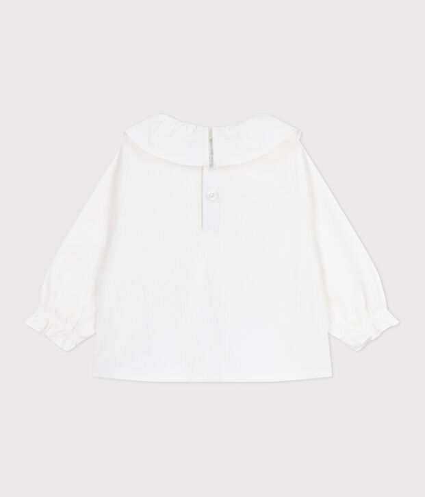 Babies' long-sleeved cotton poplin blouse with a collar and embroidery white