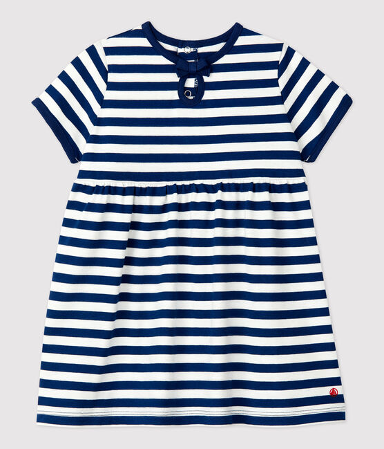 Babies' Short-Sleeved Striped Jersey Dress MEDIEVAL blue/MARSHMALLOW white