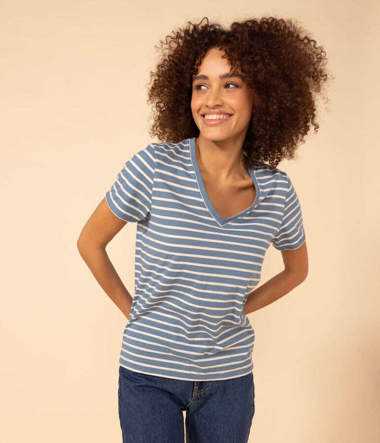 Women's Straight V-Neck Cotton T-Shirt blue/ecru
