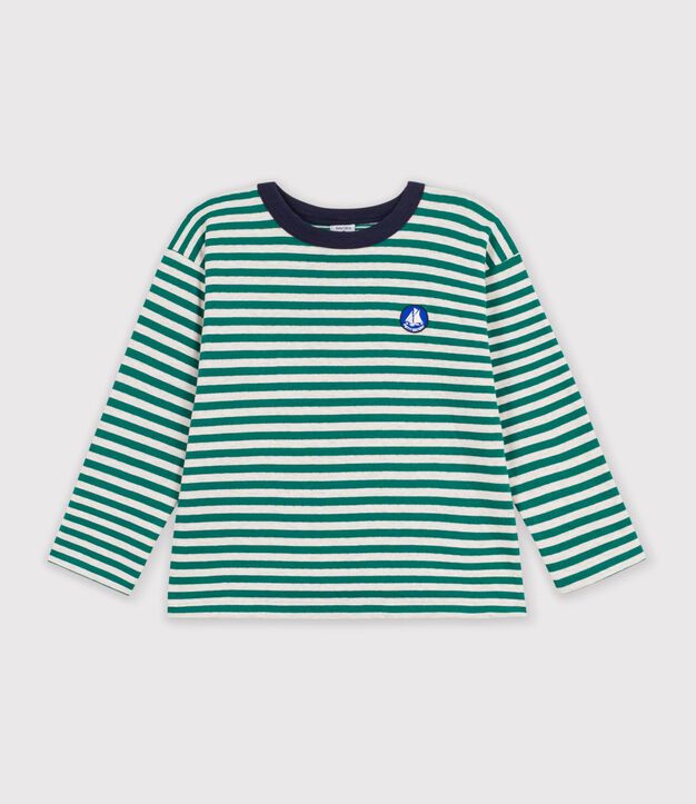 Children's long-sleeved stripy T-shirt green/beige/green