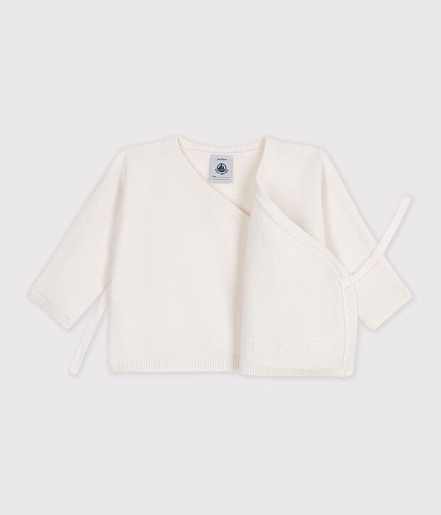 Babies' wool and cotton knit wrapover top white