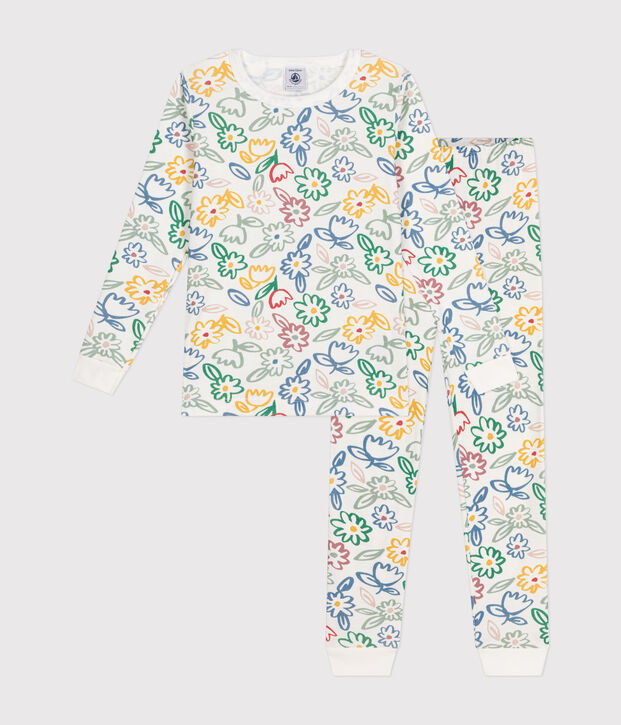 Children's fitted floral cotton print pyjamas white/multicolor