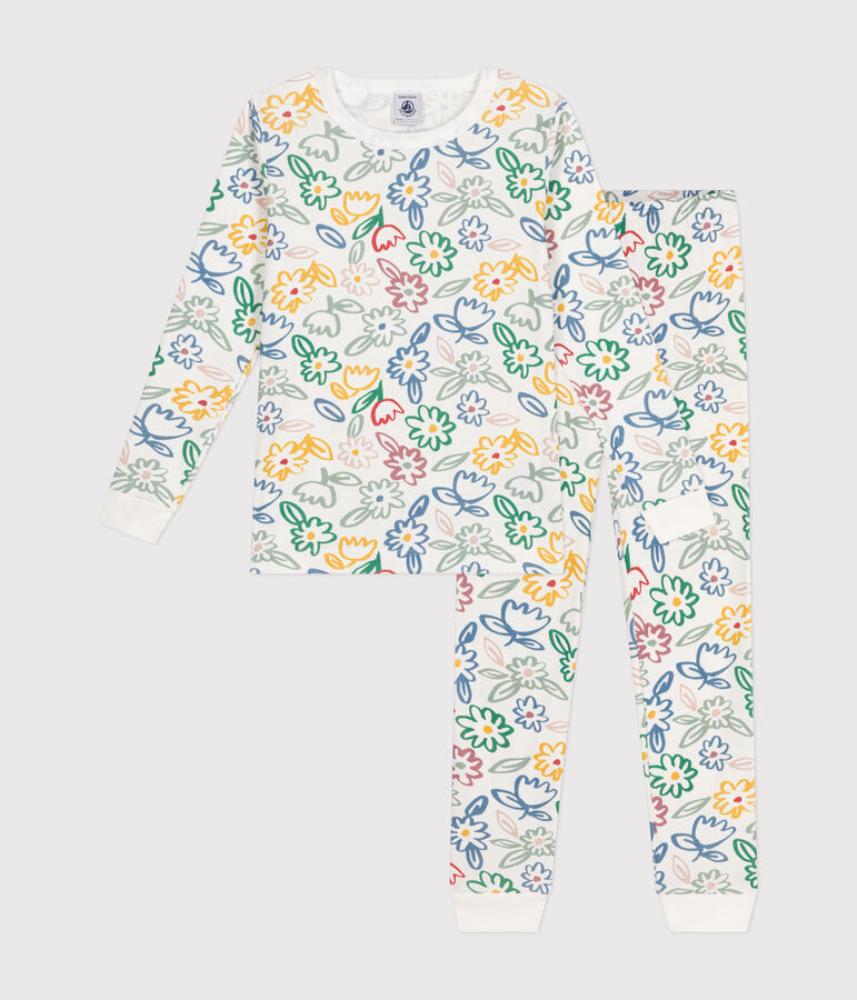 Children's fitted floral cotton print pyjamas MARSHMALLOW white/MULTICO white