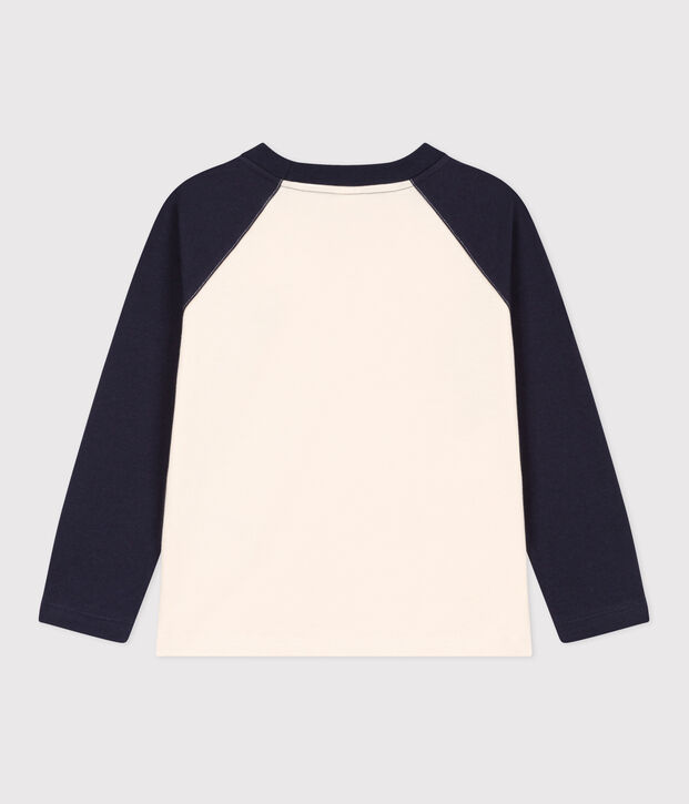 Boys' long-sleeved cotton T-shirt Ecru/blue