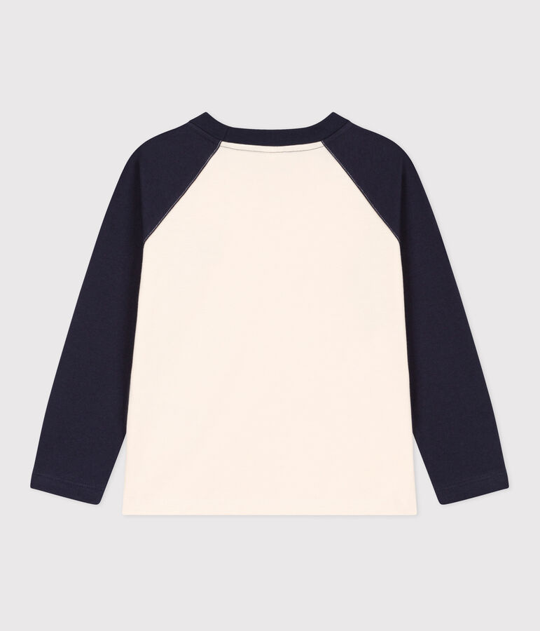 Boys' long-sleeved cotton T-shirt Ecru/blue