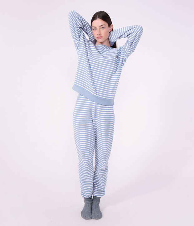 Women's stripy cotton terry pyjamas blue/ecru