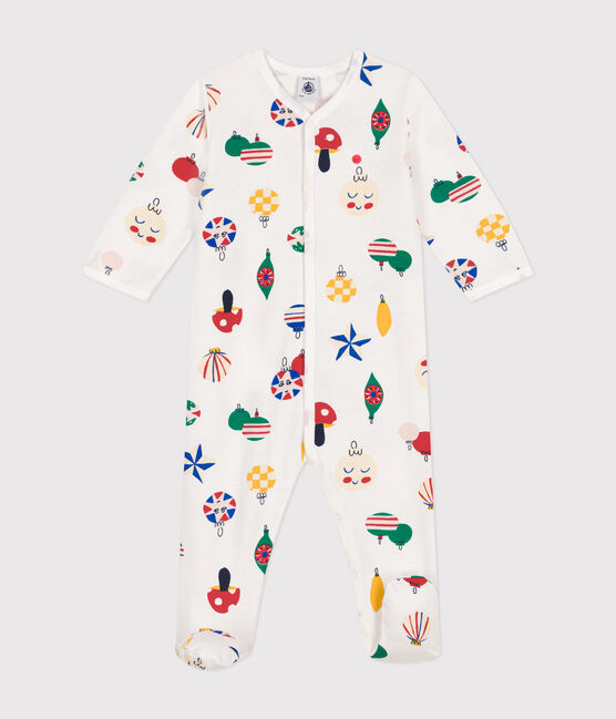 Babies' brushed fleece Christmas bauble print pyjamas MARSHMALLOW white/MULTICO white