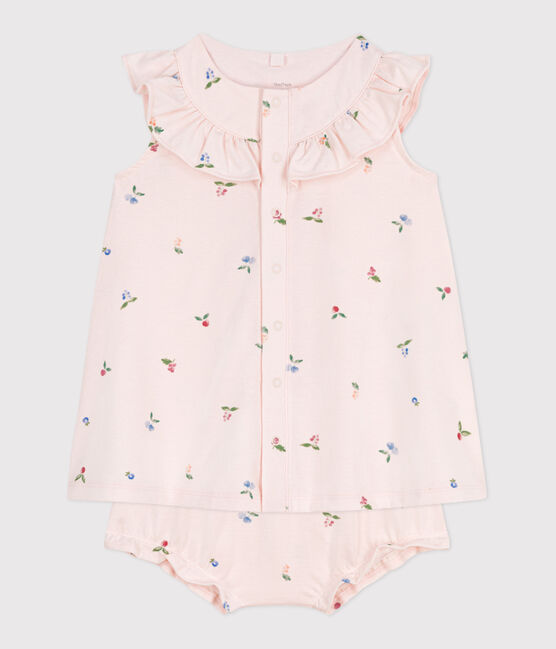 Babies' short-sleeved fruit print cotton dress and bloomers FLEUR pink/MULTICO white