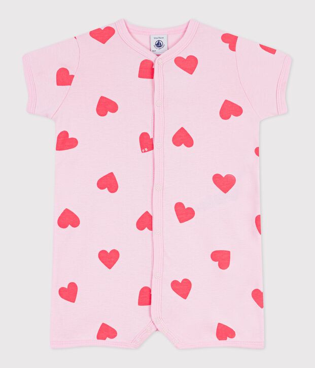 Babies' short heart print cotton jumpsuit pink/orange