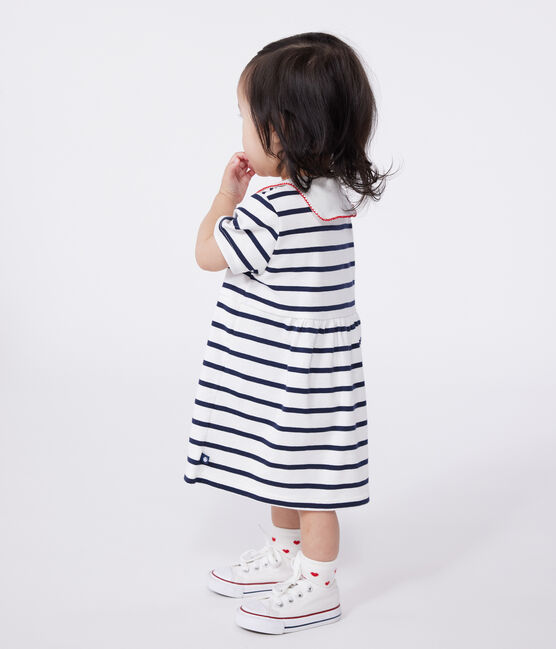Babies' short-sleeved Breton top with a sailor collar MARSHMALLOW white/SMOKING blue