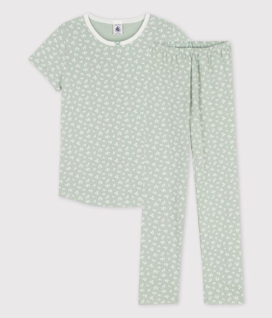Girls' Short-Sleeved Floral Cotton Pyjamas HERBIER green/MARSHMALLOW