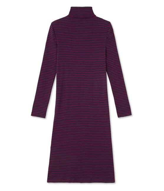 Women's striped roll-neck dress in ultra light cotton CLAFOUTI red/MEDIEVAL blue