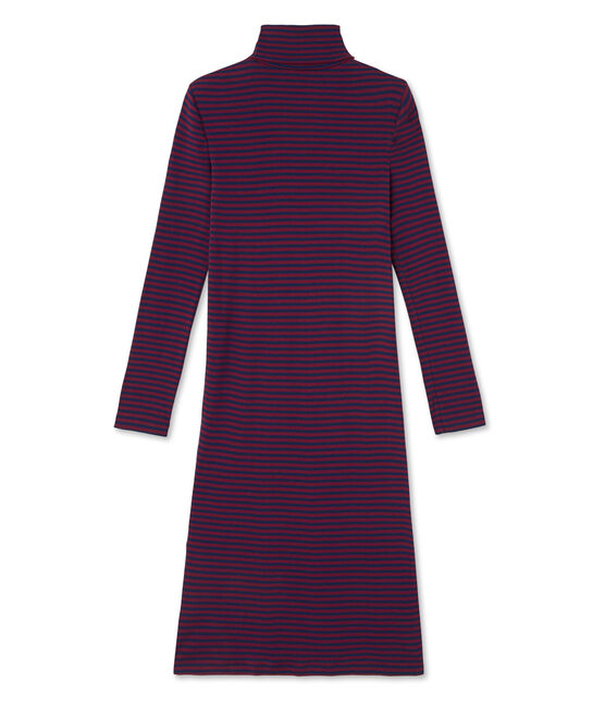 Women's striped roll-neck dress in ultra light cotton CLAFOUTI red/MEDIEVAL blue