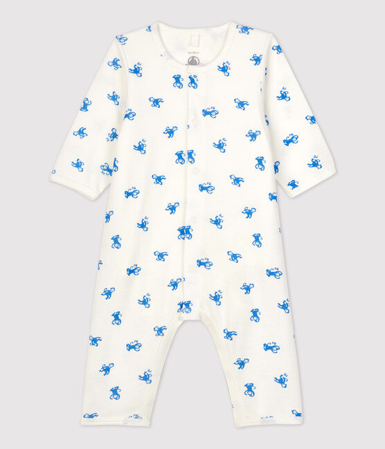 Babies' Footless Organic Cotton Bodyjama MARSHMALLOW white/BRASIER blue