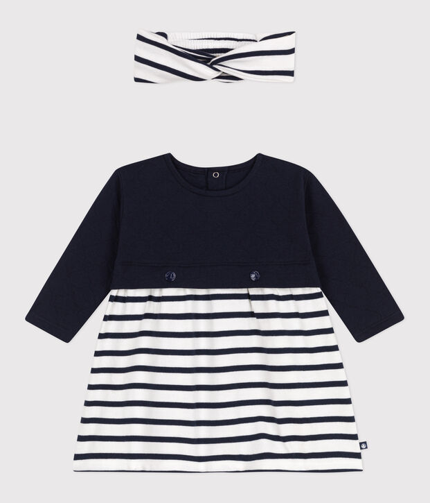 Babies' long-sleeved tube-knit and cotton dress complete with a matching ribbed headband multicolor