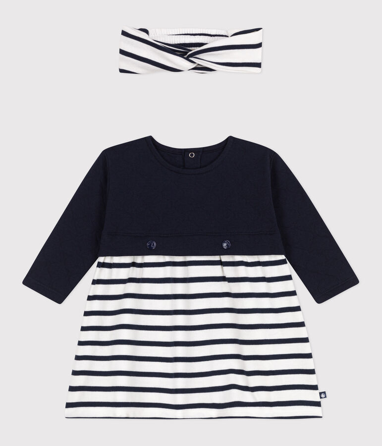 Babies' long-sleeved tube-knit and cotton dress complete with a matching ribbed headband multicolor