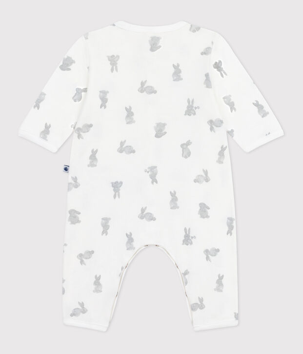 Babies' footless rabbit print cotton pyjama suit white/grey