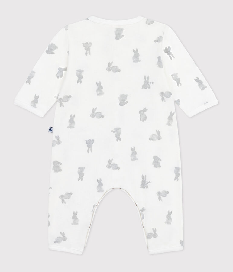 Babies' footless rabbit print cotton pyjama suit white/grey