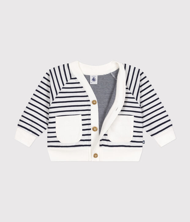 Babies' thick jersey cardigan white/blue
