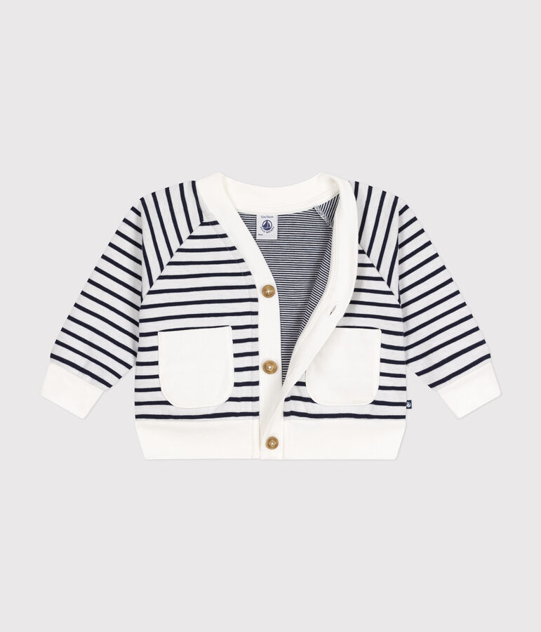 Babies' thick jersey cardigan white/blue