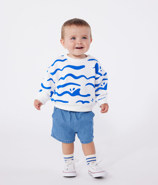 Babies' cotton sweatshirt with a shark print MARSHMALLOW blue/PORCELANA