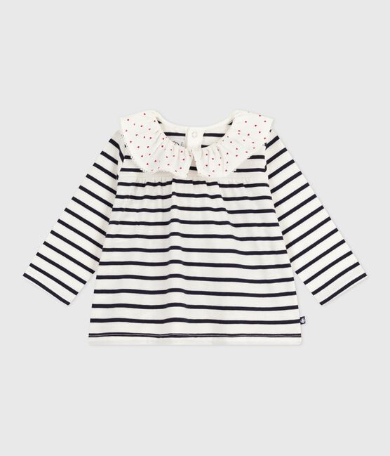 Babies' long-sleeved cotton blouse with Breton stripes and hearts on the collar MARSHMALLOW white/SMOKING blue