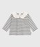 Babies' long-sleeved cotton blouse with Breton stripes and hearts on the collar MARSHMALLOW white/SMOKING blue