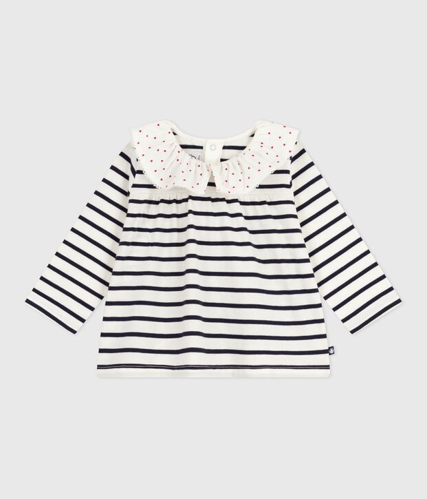 Babies' long-sleeved cotton blouse with Breton stripes and hearts on the collar white/blue