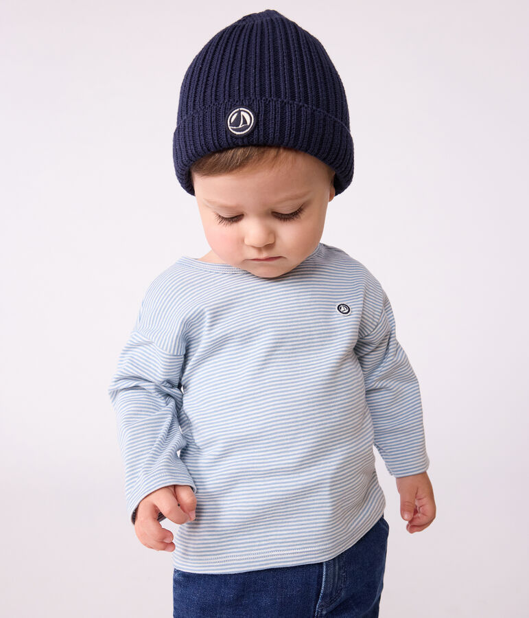 Babies' long-sleeved stripy cotton T-Shirt blue/white