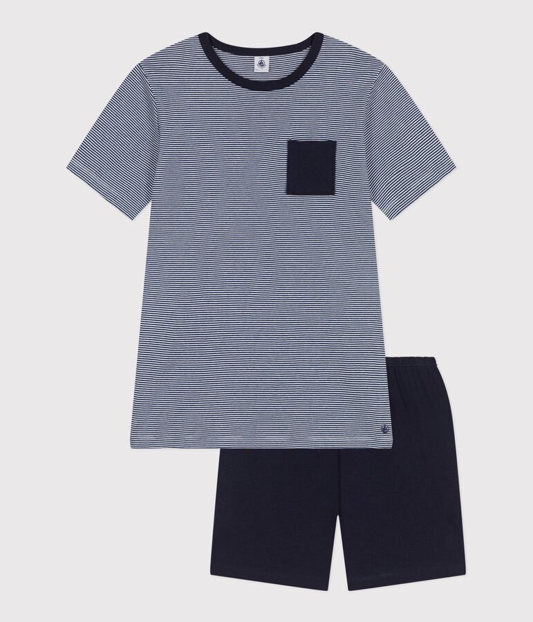 Children's short stripy cotton pyjamas blue/multicolor