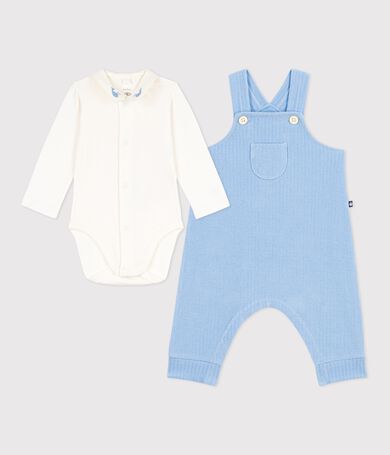 Babies' dungarees/body set in plain cotton with embroidered details