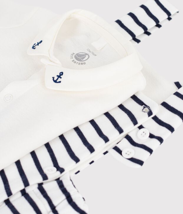 Babies' two-piece set in stripy cotton with embroidered details white/blue