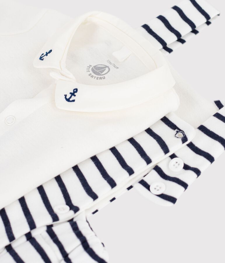 Babies' two-piece set in stripy cotton with embroidered details white/blue