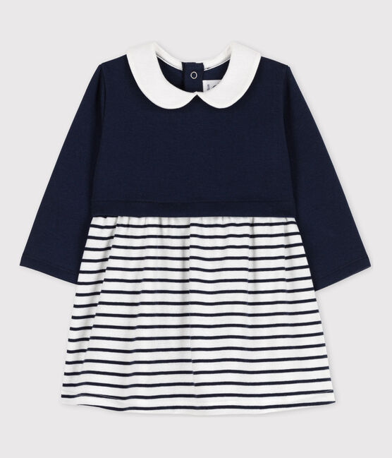 Babies' Long-Sleeved Dual Material Dress SMOKING blue/ECUME white