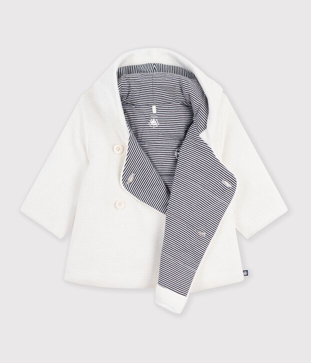 Babies' padded knitted jacket with a pinstripe lining white