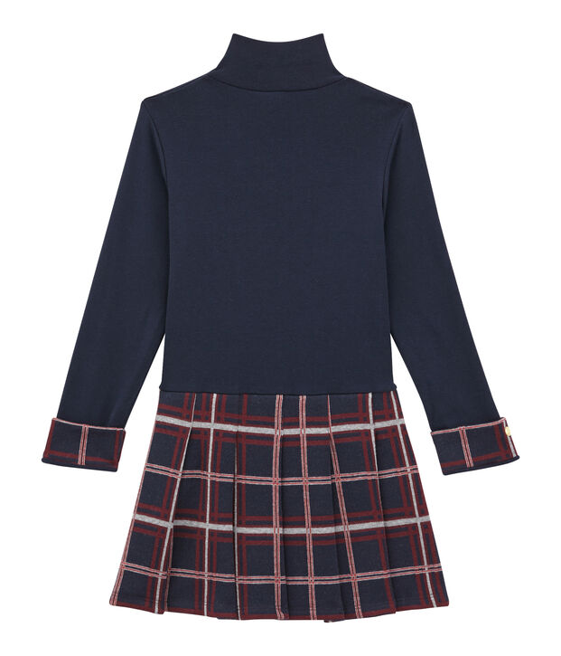 Girl's dual fabric polo neck dress blue/multicolor