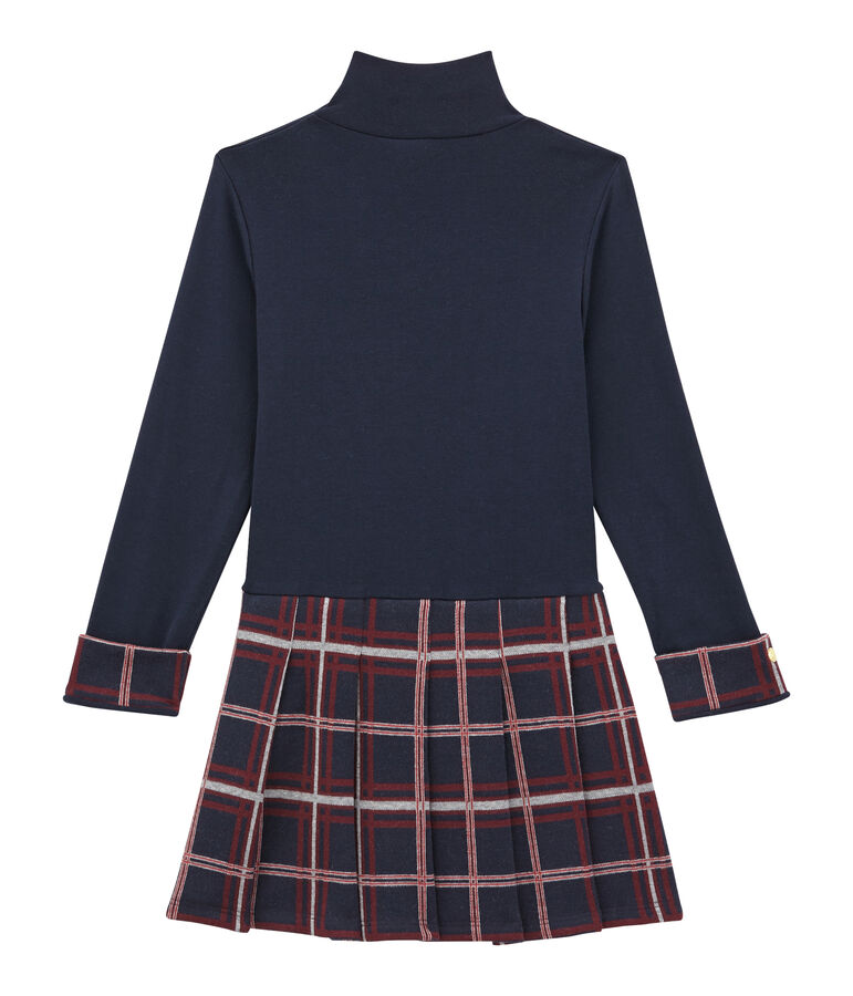 Girl's dual fabric polo neck dress blue/multicolor