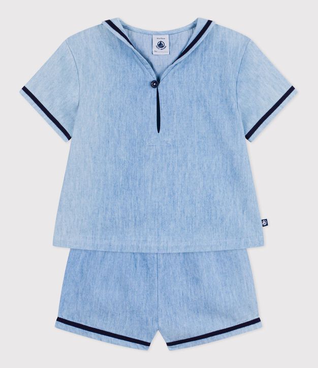 Babies' 2-piece set in chambray including a T-shirt with a sailor collar blue